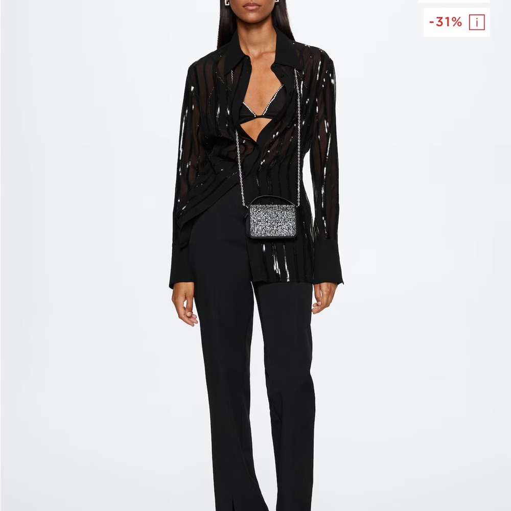 Mango- Black Sequins Button Down Top. Size: Xs - image 3